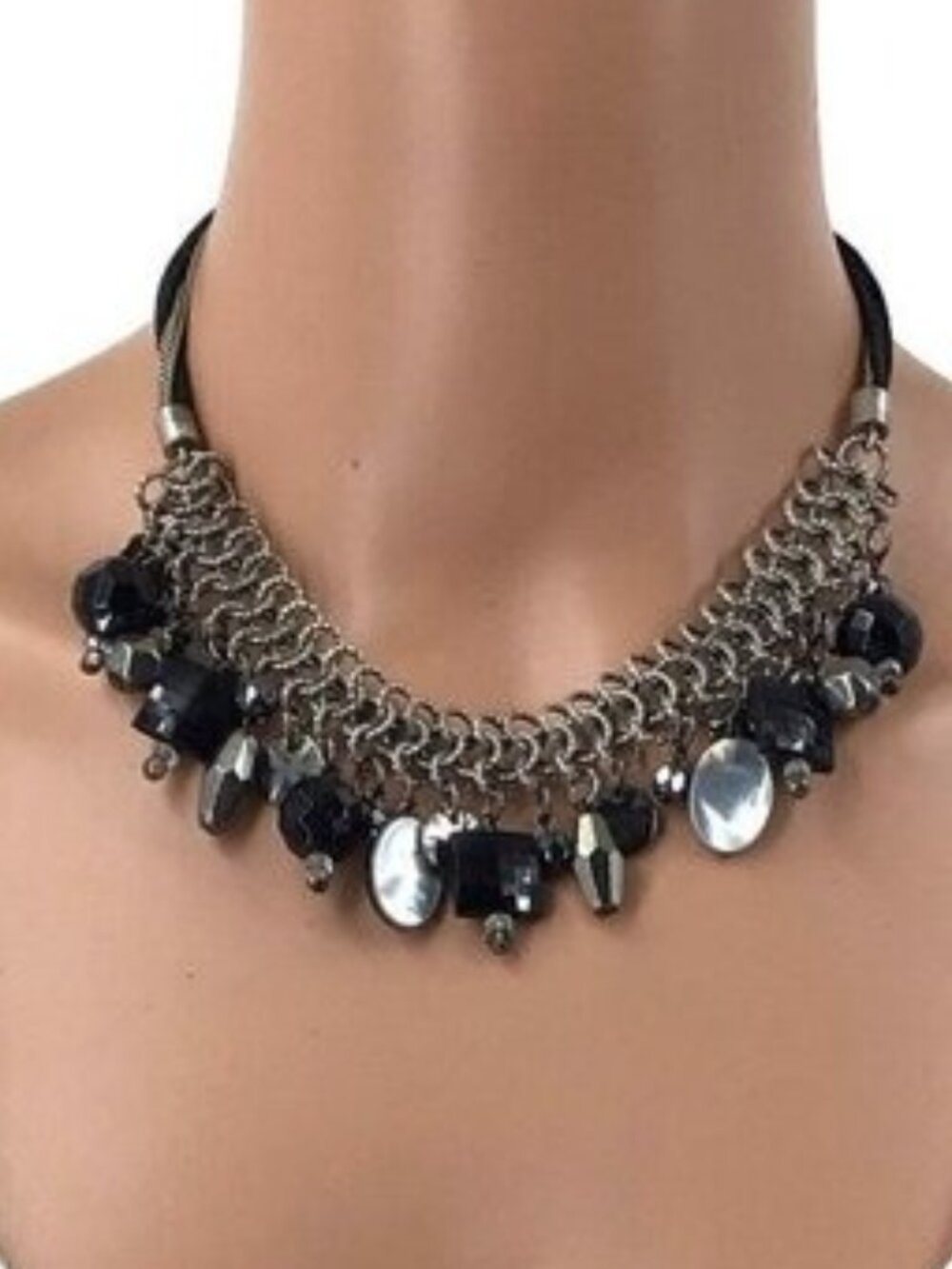 Chicos Beaded Fringe Statement Necklace Silver Tone Black Versatile Women